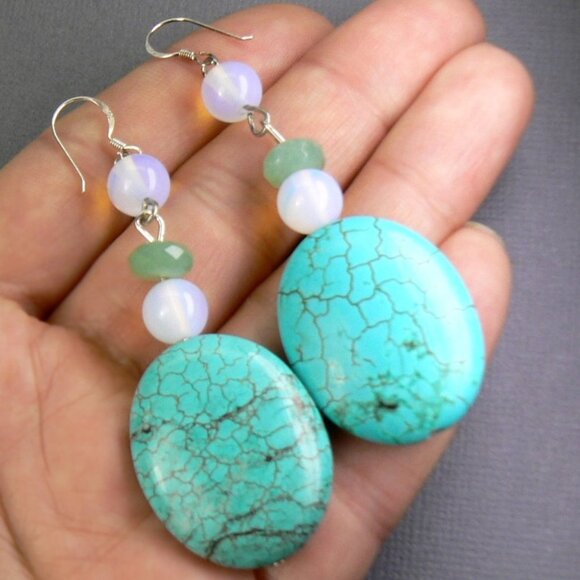 BIG Turquoise Emerald Opalite Silver Earrings - Picture 2 of 6